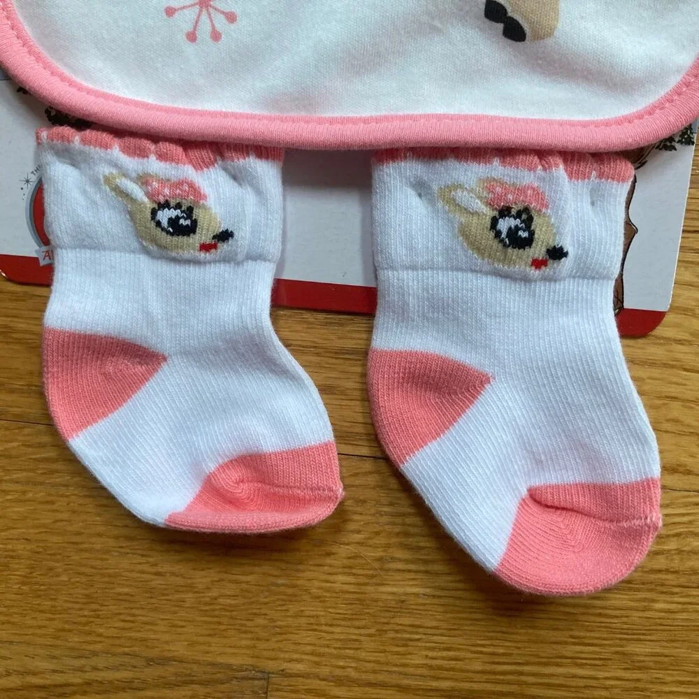 Rudolph Pink Trim 'My Very First Christmas' Baby Bib & Sock Set